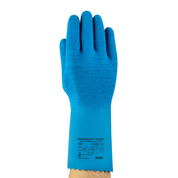 Front-facing view of the Ansell VersaTouch 62-401 textured blue glove showing grip pattern and safety markings