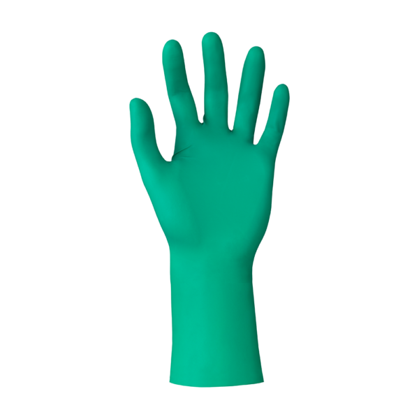 Front view of a single green nitrile glove against white background
