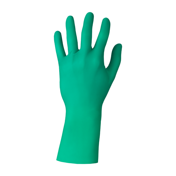 Rear angled view of green nitrile glove with raised fingers