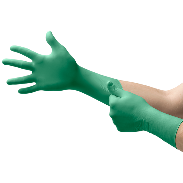 Hands donning green nitrile gloves with close-up of wrist area being stretched