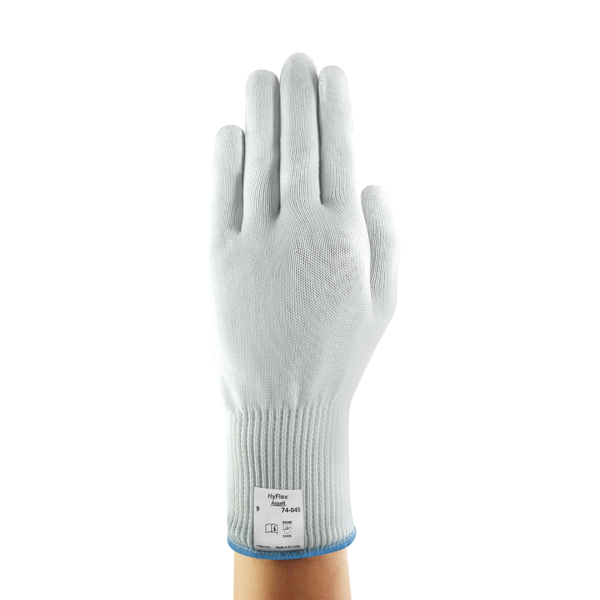 Front-facing view of Ansell HyFlex 74-045 glove highlighting fine-knit finish and safety label