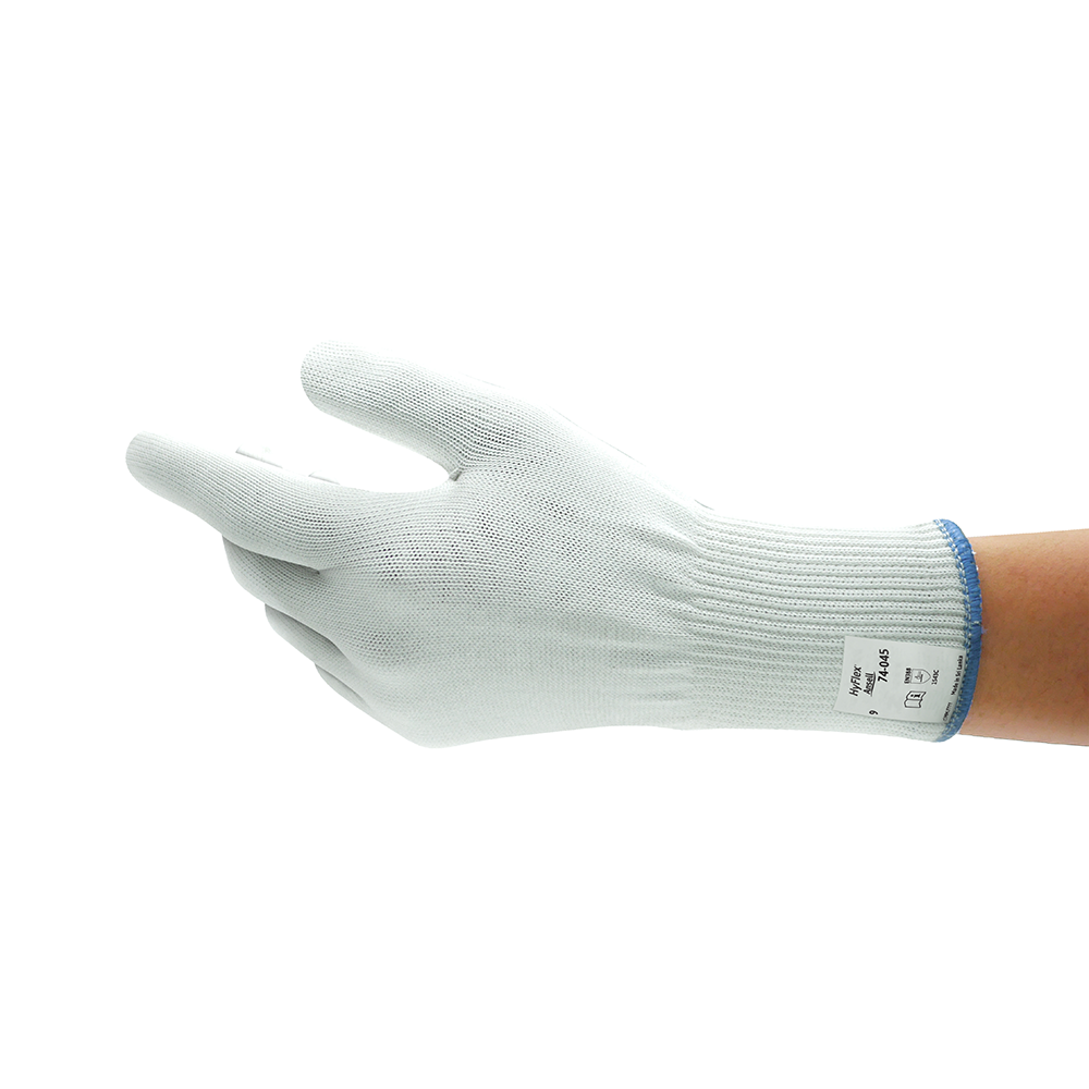 Side view of Ansell HyFlex 74-045 cut-resistant glove showing snug fit and seamless knit design
