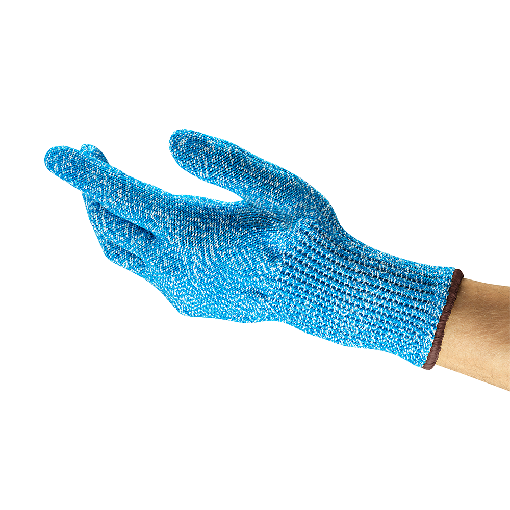 Angled side view of Ansell AlphaTec AN74500 glove worn on hand, highlighting form-fit and knitted construction