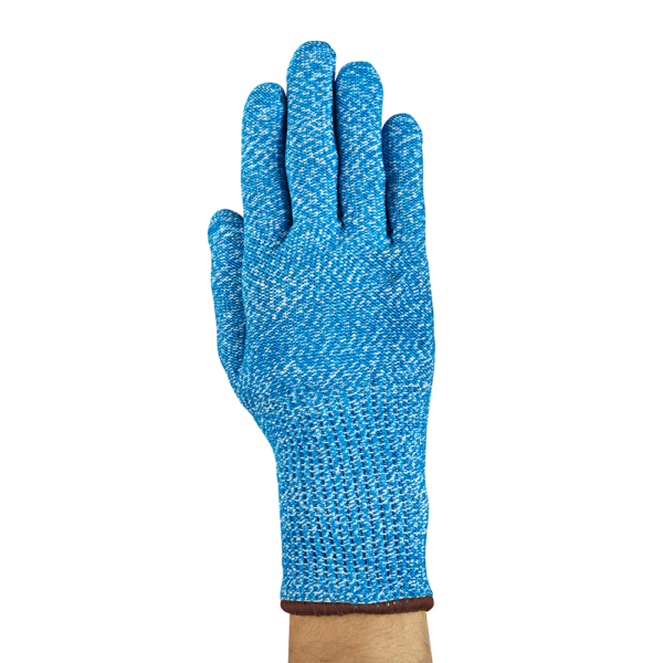 Back view of Ansell AlphaTec AN74500 cut-resistant glove worn on hand, showing close-knit blue fibre