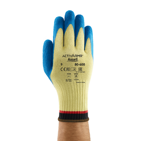 Front view of Ansell ActivArmr 80-600 glove worn on hand with printed certification markings