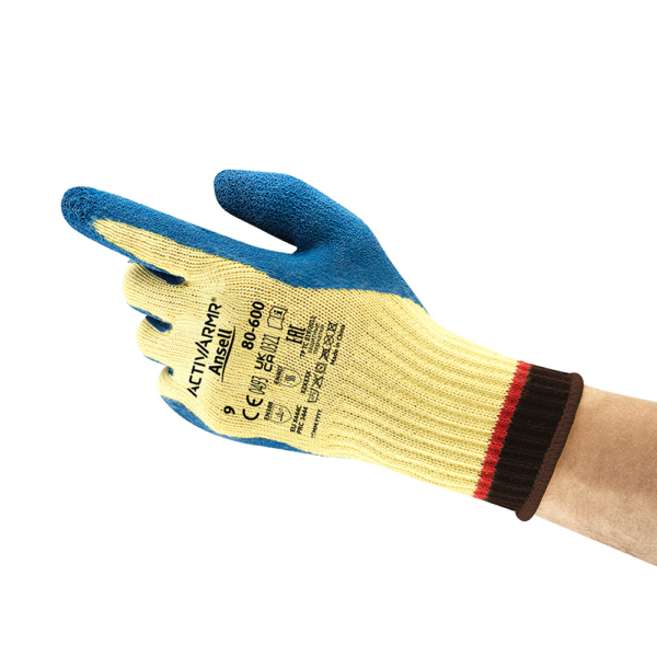 Side view of Ansell ActivArmr 80-600 glove with visible product markings and textured palm