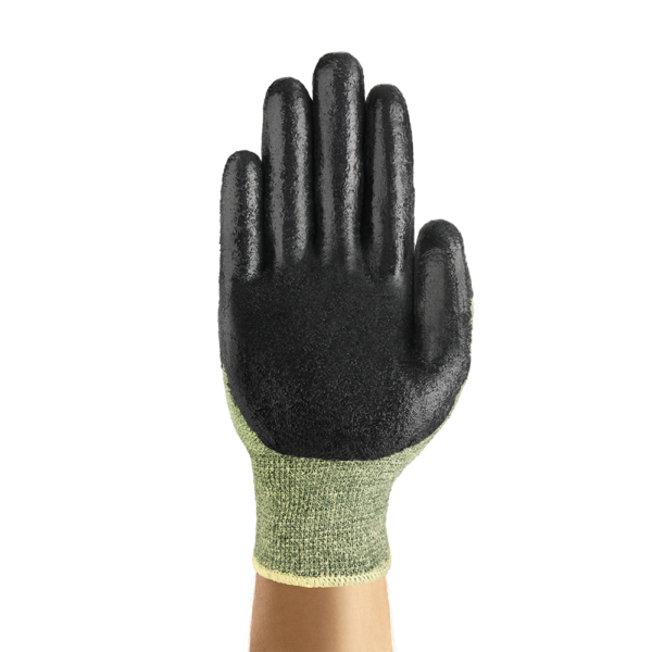 Close-up of black nitrile-coated palm on Ansell ActivArmr 80-813 electrical gloves