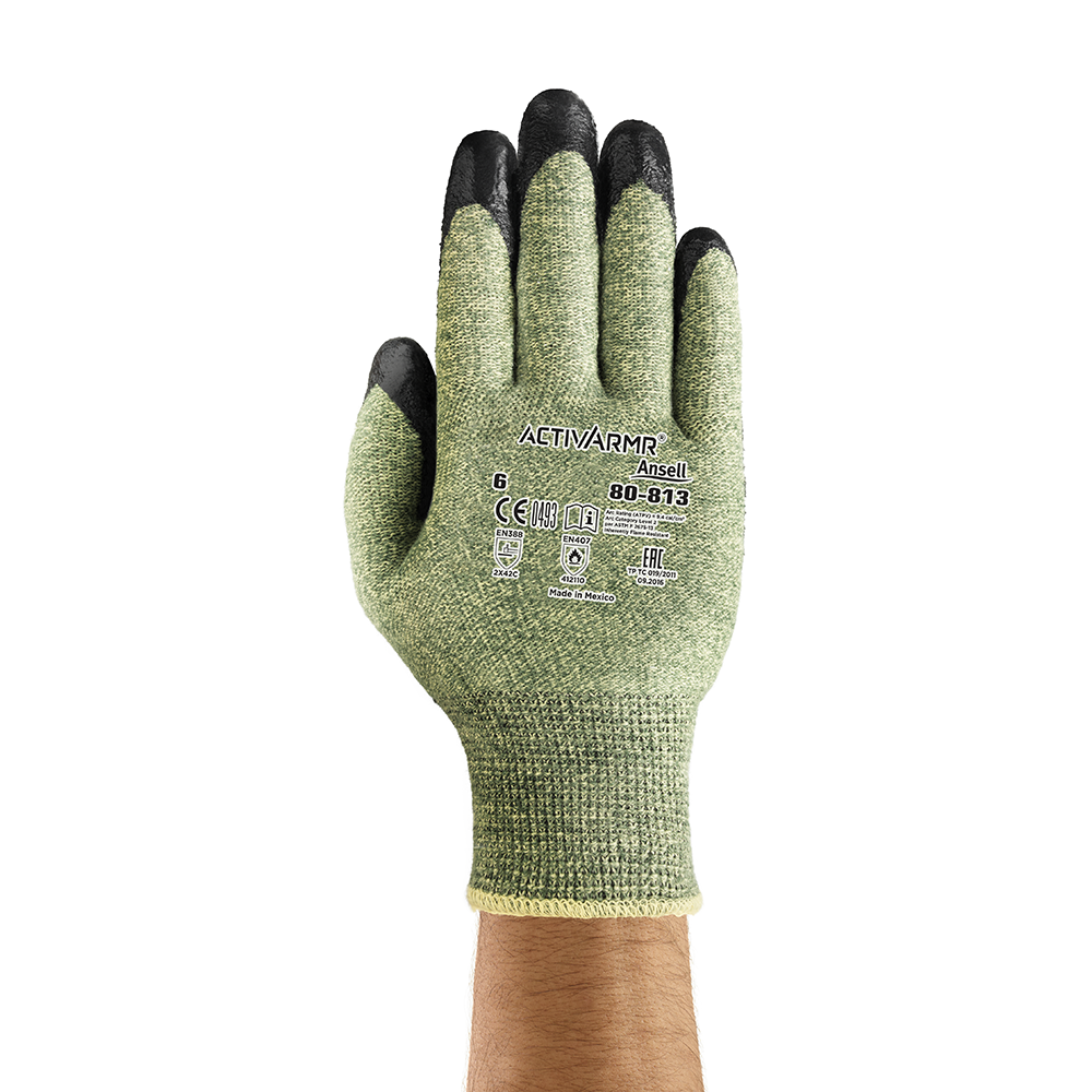 Back view of Ansell ActivArmr 80-813 glove showing brand label and certification markings