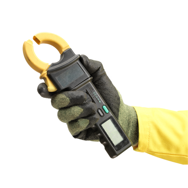Ansell ActivArmr 80-813 glove gripping an electrical clamp meter during testing