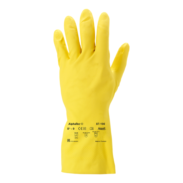 AlphaTec 87-190 latex glove with printed safety certifications and size on the back of hand