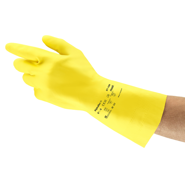AlphaTec 87-190 chemical-resistant glove shown worn on hand, highlighting flexibility and cuff length