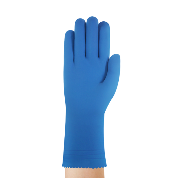 Rear view of an Ansell AlphaTec 87-305 glove on a hand, showing uniform latex texture and curved fingers for enhanced dexterity.