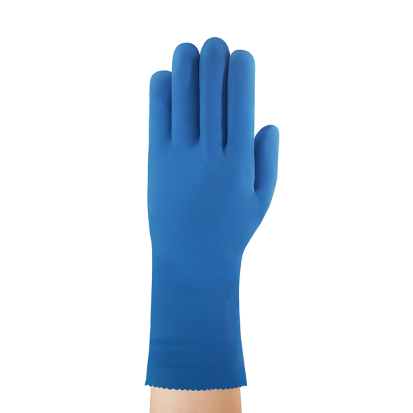 Front view of a hand wearing an Ansell AlphaTec 87-305 blue chemical-resistant glove, showcasing smooth latex finish and scalloped cuff.