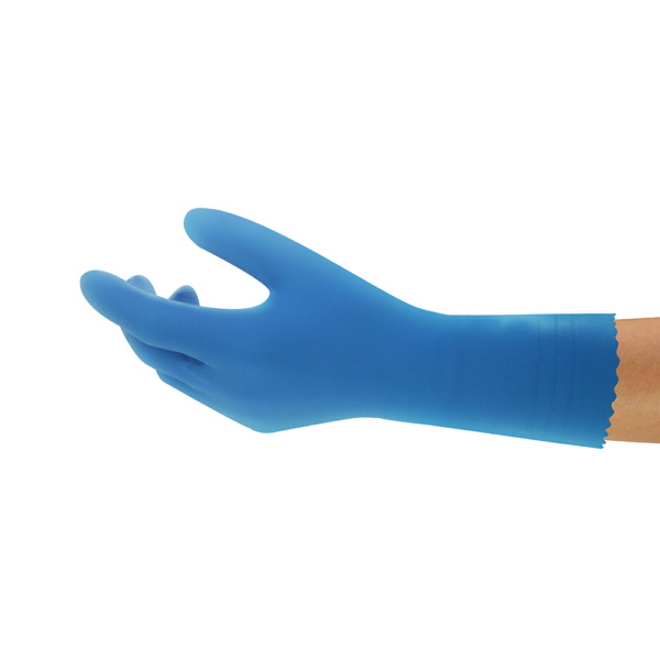 Side view of a hand wearing an Ansell AlphaTec 87-305 latex glove, highlighting the glove’s extended cuff and ergonomic fit.