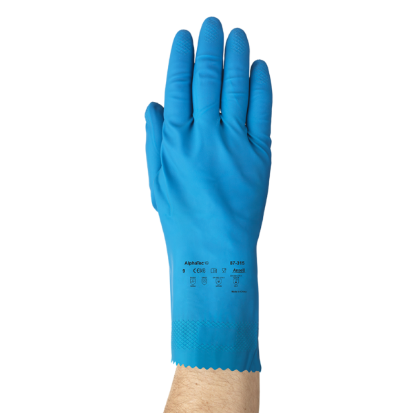 Top view of blue nitrile glove on hand showing full glove texture and AlphaTec 87-315 branding.
