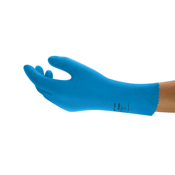 Side profile of Ansell AlphaTec 87-315 blue nitrile glove showing textured fingertips and scalloped cuff.