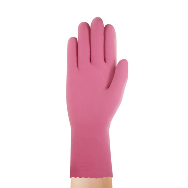 Back view of a pink Ansell AlphaTec 87-352 glove on hand, featuring scalloped cuff design