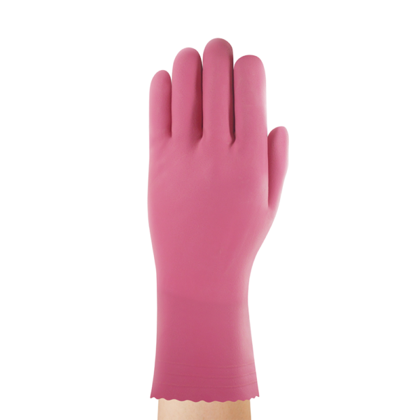 Front view of a pink Ansell AlphaTec 87-352 reusable latex glove on hand, showing smooth palm surface