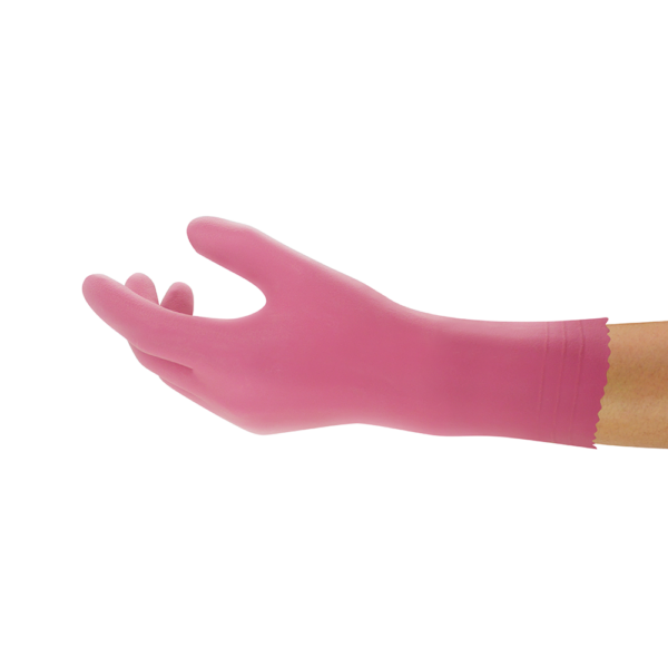 Side view of a pink Ansell AlphaTec 87-352 glove worn on hand, demonstrating flexible fit and contour