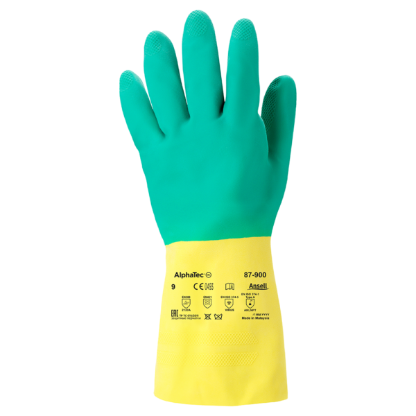 Backhand view of AlphaTec 87-900 glove displaying printed safety standards and product markings