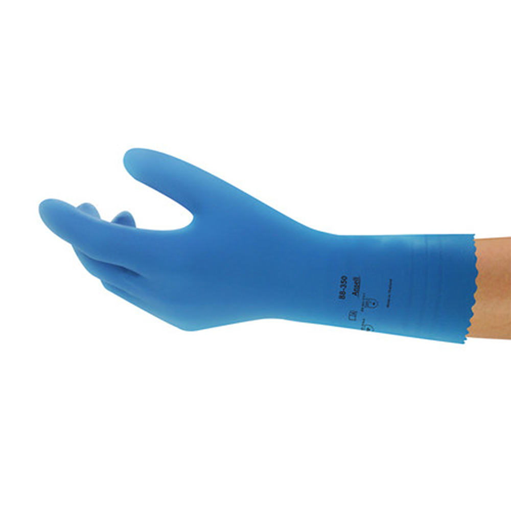 Blue AlphaTec 88-350 glove shown on a hand at an angled side view, highlighting dexterity and textured finish.