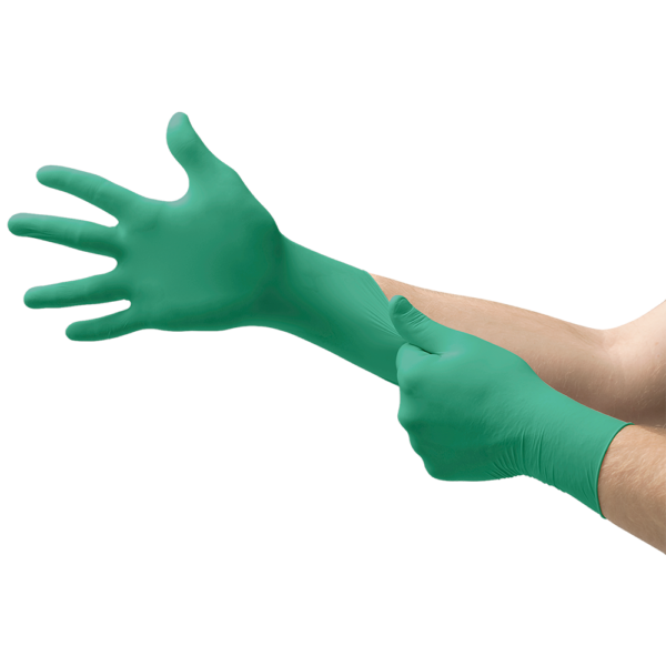 Person donning a green TouchNTuff nitrile glove for chemical protection.