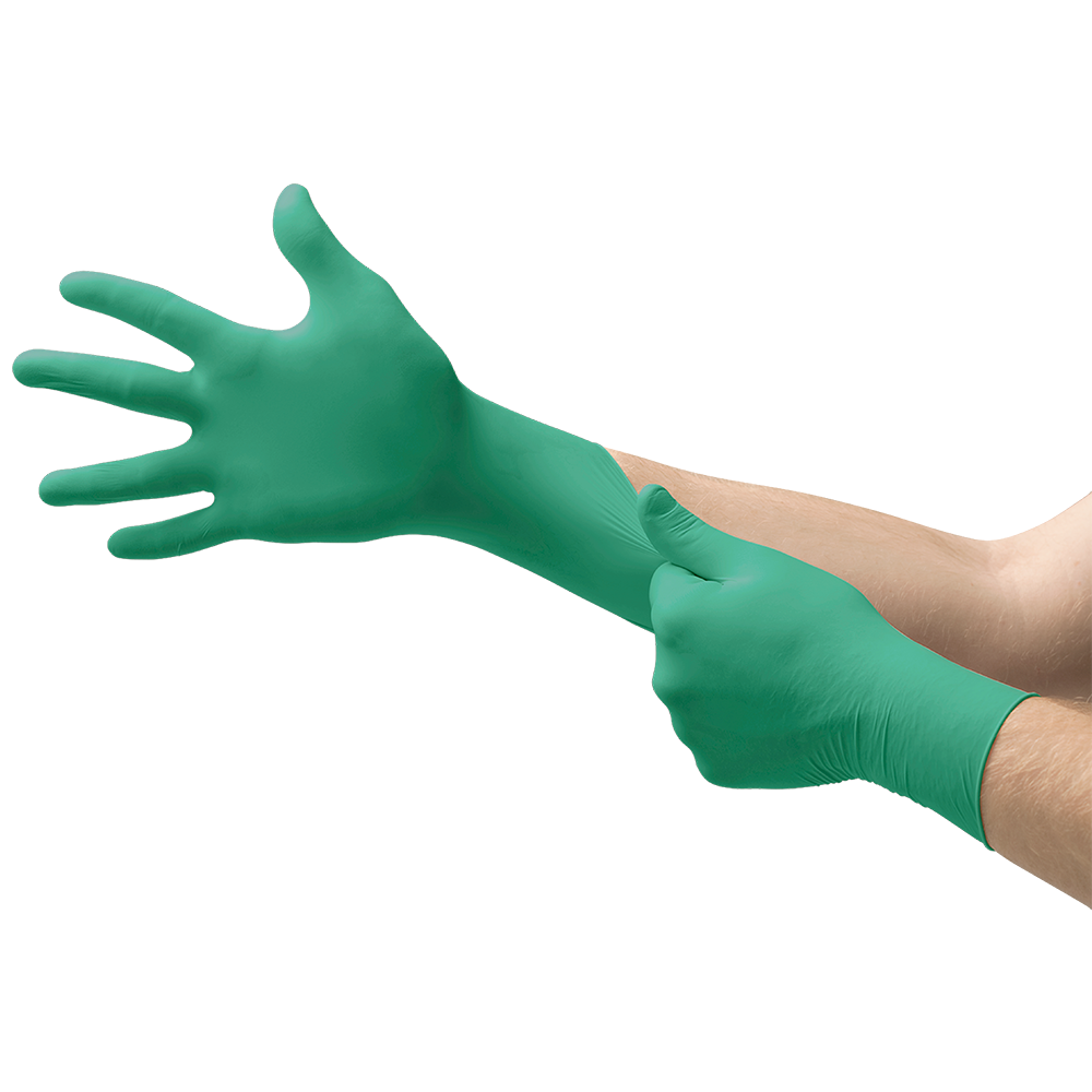 Person donning a green TouchNTuff nitrile glove for chemical protection.