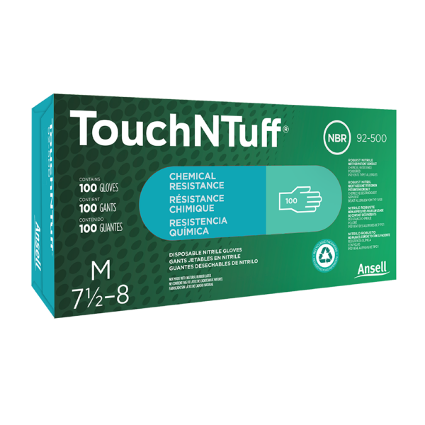 Box of Ansell TouchNTuff 92-500 disposable nitrile gloves with chemical resistance.