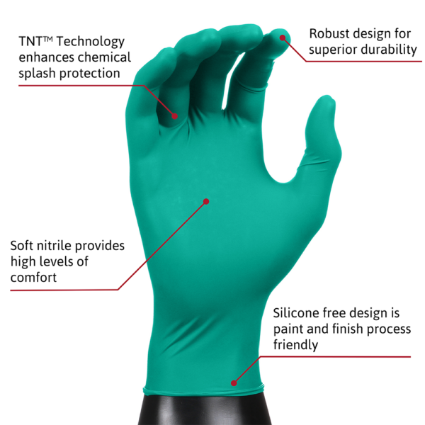 TouchNTuff glove highlighting chemical splash protection, durability, comfort, and silicone-free design.
