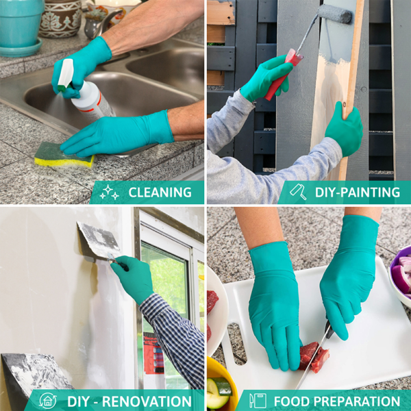 People using teal nitrile gloves for cleaning, DIY painting, home renovation, and food preparation tasks.
