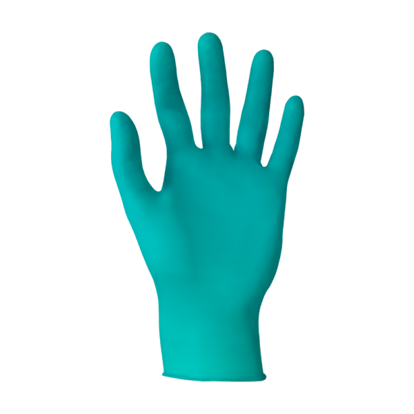 TouchNTuff 92-500 green nitrile glove shown with palm facing up.