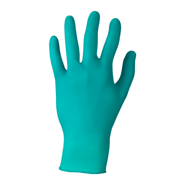 TouchNTuff 92-500 green nitrile glove shown with back of hand visible.