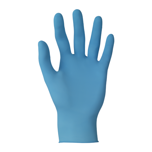 Front view of blue nitrile glove with fingers extended, suitable for medical or industrial use.