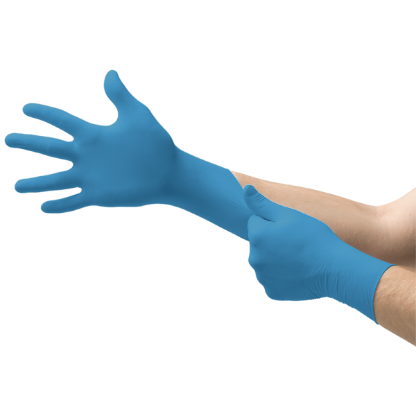 Hands donning a blue nitrile glove, showcasing ease of wear and secure fit for protection.