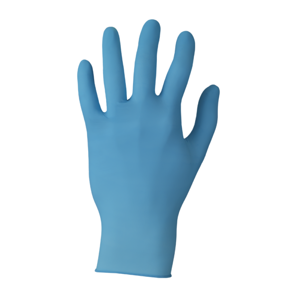 Single blue nitrile glove shown palm-up on white background, ideal for disposable hand protection.