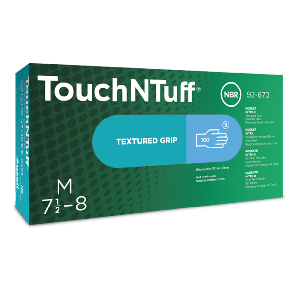 Box of TouchNTuff 92-670 disposable nitrile gloves in size medium, textured grip and powder-free.