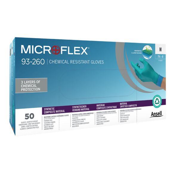 Retail packaging of Microflex 93-260 chemical resistant gloves featuring 3-layer protection and 50 glove count