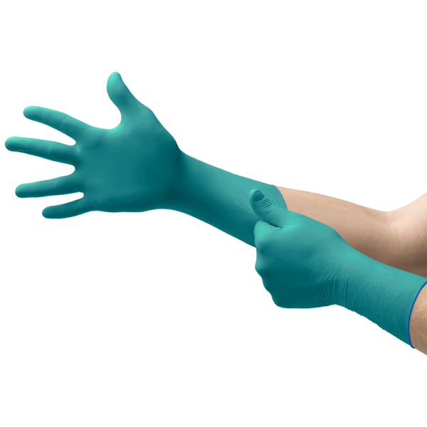 Person putting on Microflex 93-260 chemical resistant glove for hand protection