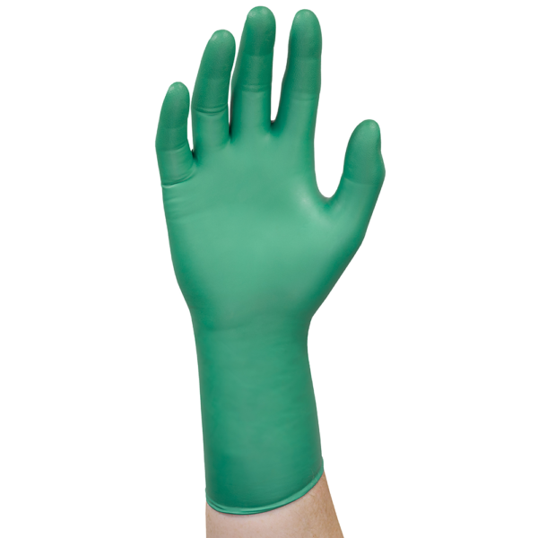 Microflex 93-260 green nitrile glove displayed on hand showing palm side