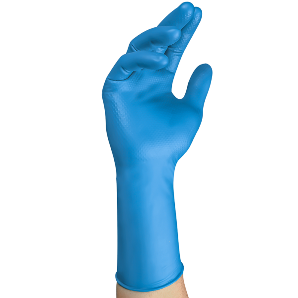 Isolated view of Microflex 93-283 nitrile glove in a relaxed hand pose, showing its textured palm.