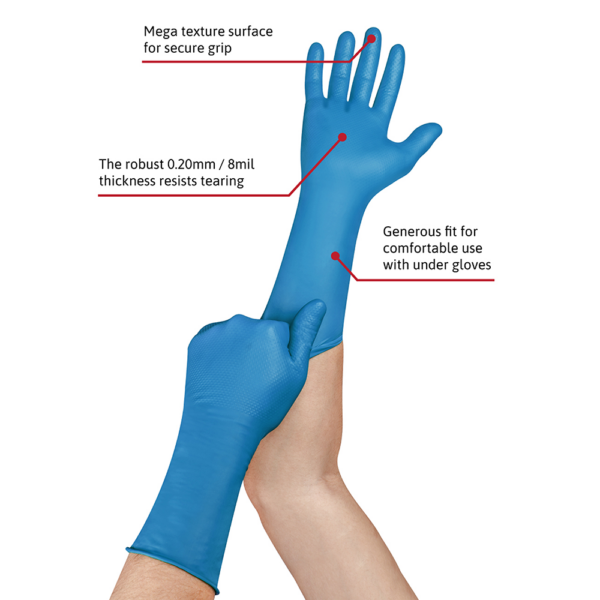 Person wearing Microflex 93-283 nitrile glove with annotations highlighting key features like grip texture and thickness.