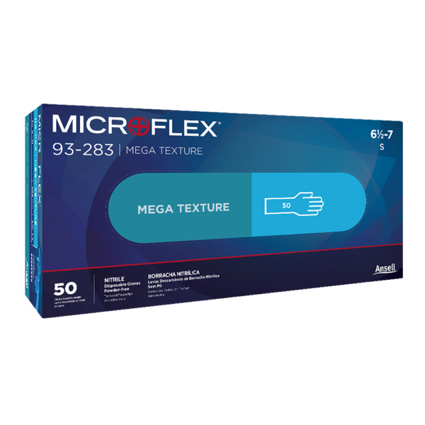 Retail packaging of Microflex 93-283 nitrile gloves, showing product name, size, and box quantity.