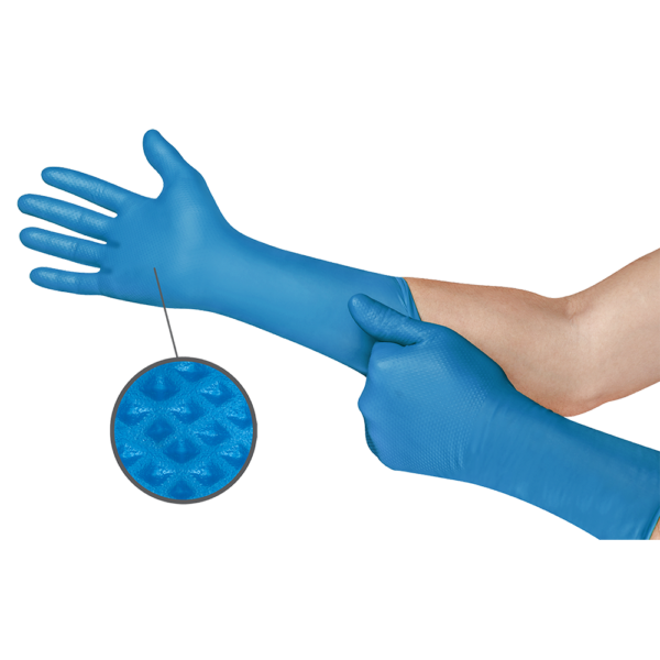 Close-up of Microflex 93-283 nitrile glove being donned, highlighting its textured grip surface.