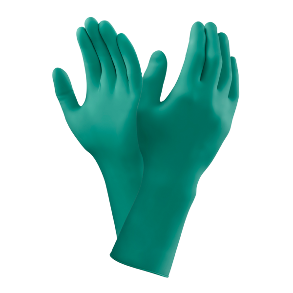 Pair of teal chemical-resistant nitrile gloves displayed on white background