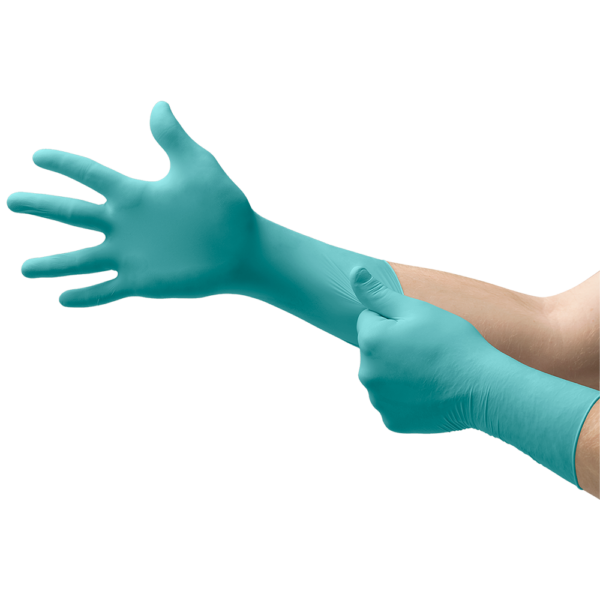 Person donning teal chemical-resistant nitrile glove, showcasing extended cuff design.