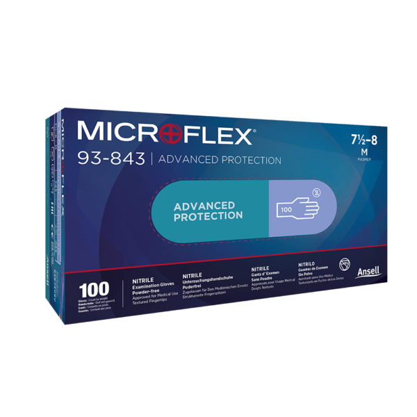 Box of Ansell Microflex 93-843 nitrile examination gloves, labelled for advanced protection and medical use, size medium.