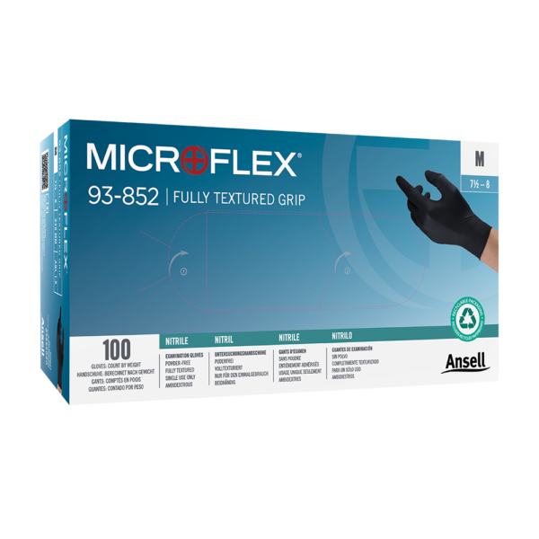 Box of Microflex 93-852 black nitrile gloves with fully textured grip for enhanced handling