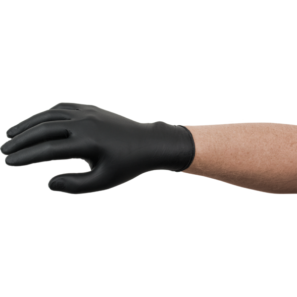 Side view of a hand wearing a black Microflex 93-852 nitrile disposable glove