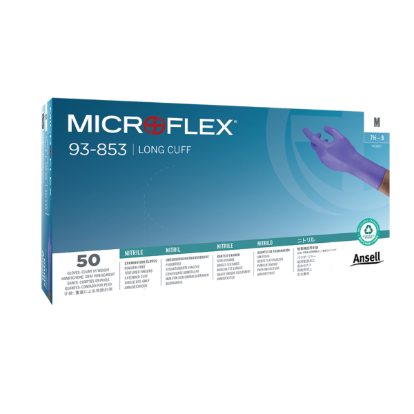 Box of Ansell Microflex 93-853 nitrile gloves with long cuff and 50 glove count for industrial and lab use
