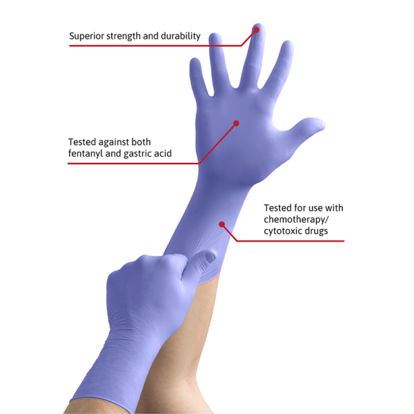 Features of Microflex 93-853 nitrile gloves highlighted, including chemical resistance, strength, and cytotoxic drug protection